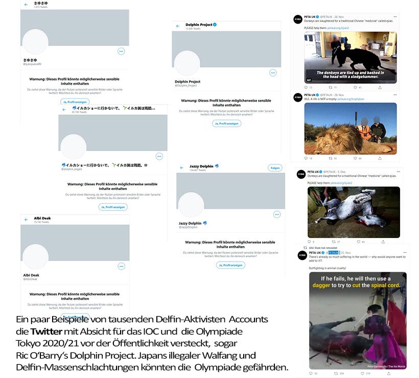 Ein paar Beispiele von tausenden Delfin-Aktivisten Accounts die Twitter mit Absicht für das IOC und die Olympiade Tokyo 2020/21 vor der Öffentlichkeit versteckt, sogar Ric O‘Barry‘s Dolphin Project. Japans illegaler Walfang und Delfin-Massenschlachtungen könnten die Olympiade gefährden. Korruption und Profitgier 
