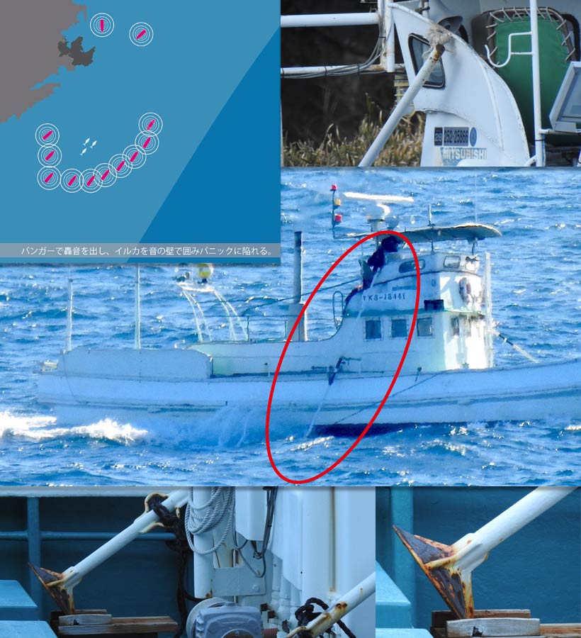 Banger pools genannt, sind Eisenrohre am Jagdschiff installiert, die ins Wasser ragen. Die Jäger hauen mit einem Metalgegenstand darauf und erzeugt für Delfine ein schmetzhaft ohrenbetäubende Soundwand, vor dem sie flüchten.